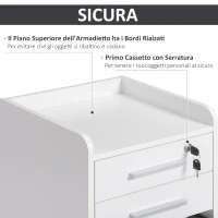 HOMCOM Schedario da Ufficio con 3 Cassetti, 5 Ruote, Cassettiera Ufficio con Serratura e 2 Chiavi per Lettera/Legale/Formato A4, Armadietto Verticale per Studio, 39.2x40x65.4 cm, Bianco(m-5)