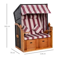 Outsunny Strandkorb Ostsee Volllieger 2-Sitzer Strandkörbe aus Tannenholz, 5-stufige verstellbare Rückenlehne, Strandkorb mit Fußbänkchen Seitentische, PE Geflecht, Strandstuhl für Balkon, Rot+Weiß(m-3)