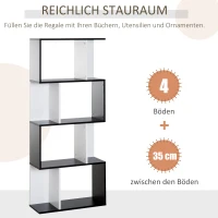 HOMCOM  Bücherregal S-förmiges Standregal Lagerregal 4-stufige Vitrine mit Hardware-Schnalle moderner Raumteiler Spanplatte Schwarz+Weiß 60 x 24 x 148 cm(m-5)