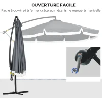 Outsunny Parasol déporté parasol de jardin Ø3 x 2,6 cm avec manivelle pied en croix 8 baleines et frange gris(m-4)