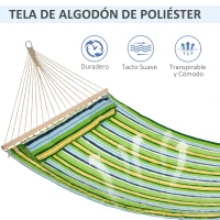 Outsunny Hamaca Colgante de Jardín para 2 Personas Hamaca Ecológico para Camping con Almohada Carga de 180 kg Rayas Azules y Verdes 3,4x1,4m(m-4)