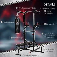 HOMCOM Station de musculation Fitness entrainement complet - barre de traction, à dips, banc de musculation pliable, poignées push-up, sac de frappe - acier noir(m-6)
