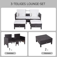 Outsunny 3-tlg. Gartensofa Gartenmöbel Lounge Gartenset Sitzgruppe Rattenmöbel Braun Polyrattan + Metall 2er-Sofa 2 x Hocker Kissen(m-4)