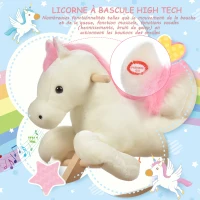 HOMCOM Cheval à Bascule Fonction Musicale Selle Grand Confort Peluche Courte Douce Pour Enfants 18-36 Mois Bois peuplier Blanc et Rose dim. 70L x 28l x 57H cm(m-6)