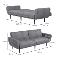 HOMCOM Divano Letto 3 Posti con Schienale Reclinabile a 3 Livelli in Tessuto, 208x84x82cm, Grigio(m-3)