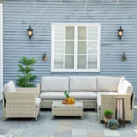 Outsunny Salotto da Giardino 7 Pezzi Modulabile in Rattan PE con Cuscini, Beige(m-2)