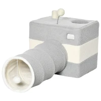 PawHut Túnel para Gatos con Cueva Tubo de Juguete para Mascotas con Orificio Superior y Bola Colgante 48x95x58 cm Gris(m-11)