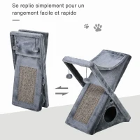 PawHut Arbre à chats pliable design grattoir sisal naturel niche hamac jeu boules suspendues gris(m-6)