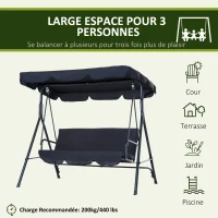 Outsunny Balancelle de Jardin 3 Places Toit Inclinaison réglable Coussins Assise et Dossier 1,72L x 1,1l x 1,53H m Acier Noir Polyester Noire(m-4)