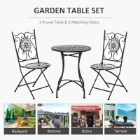 Outsunny 3 Pcs Mosaic Tile Garden Bistro Set Outdoor Seating w/ Table 2 Folding Chairs Set Metal Frame Elegant Scrolling Indoor Patio Balcony(m-5)