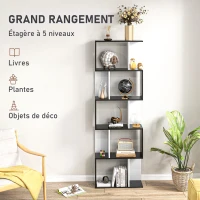 HOMCOM Bibliothèque à 5 niveaux, meuble de rangement en forme de S avec étagères, étagère de rangement pour salon, chambre bureau, 60 x 24 x 184,5 cm, noir, blanc(m-4)