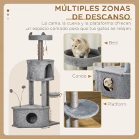 PawHut Árbol Rascador para Gatos 60x40x133 cm Torre de Gatos con Nido Cueva de Fieltro Extraíble Cama de Felpa Suave Postes Rascadores de Sisal Natural y Juguetes Gris(m-6)