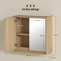 HOMCOM Armario de Baño con Espejo con 2 Puertas y Balda Ajustable Mueble Colgante de Estilo Moderno 48x14,5x45cm Natural(m-3)