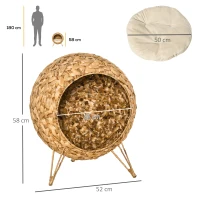 PawHut Panier chat lit surélevé chat cosy niche grotte grand confort dim. Ø 52 x 58H cm coussin moelleux beige inclus jacinthe d'eau marron(m-3)