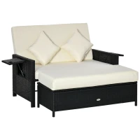 Outsunny Ensemble de jardin 2 places : canapé dossier inclinable tablettes coffre matelas et coussins intégrées + repose-pieds résine tressée noir polyester crème(m-10)