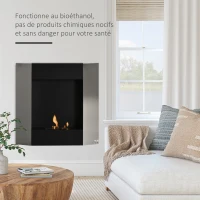 HOMCOM Cheminée bioéthanol Murale Encastrable, brûleur 0,7 L, contrôle de Flamme et Manche Inclus, dims 72 x 11P x 72H cm Acier inox et Noir(m-4)