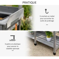 Outsunny Table de rempotage multi-équipée table de jardinage avec tiroir, 3 étagères, évier, 3 crochets - table de plantation bois sapin pré-huilé gris(m-6)