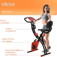 HOMCOM Vélo d'appartement pliable, vélo d'exercice, home traîner pour adultes, 8 niveaux de résistance magnétique, capteurs pouls main, écran LCD multifonction, selle réglable, acier, rouge, noir(m-9)