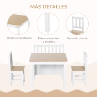 HOMCOM Mesa y Sillas Infantiles de 4 Piezas Mesa Infantil con 2 Sillas y Banco con Almacenaje Juego de Muebles para Actividades para Niños de +3 Años para Dormitorio Sala de Juegos Blanco y Natural(m-5)