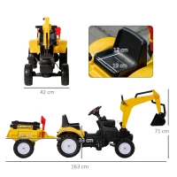 HOMCOM Tractor a Pedales para Niños de 3-6 Años Excavadora con Pala  y Remolque Extraíble 163x42x71 cm Amarillo y Negro(m-3)