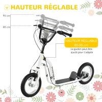 HOMCOM Trottinette enfants, grandes roues pneumatiques 12 pouce en caoutchouc, charge 100 kg, trottinette tout terrain avec double freins, hauteur réglable et béquille latérale, 5 à 12 ans, blanc(m-4)