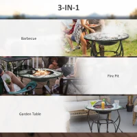 Outsunny 3-in-1 Φ68cm Outdoor Fire Pit, Garden Table with Cooking BBQ Grill, Mosaic Firepit Bowl with Spark Screen Cover, Fire Poker for Backyard Bonfire Patio(m-5)