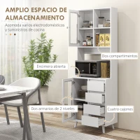 HOMCOM Alacena de Cocina Aparador con 2 Puertas de Vidrio Compartimentos 4 Cajones y Estantes Ajustables 60x35x180 cm Blanco(m-4)
