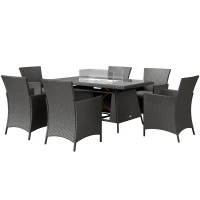Outsunny 7 Pieces Outdoor Rattan Garden Furniture with Fire Pit Table, 6 Seater Garden Table and Chairs with Cushions, Rattan Dining Set with Propane Heater Table, Windscreen, 50,000 BTU, Black(m-11)