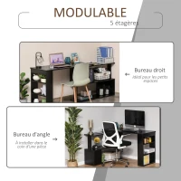 HOMCOM Bureau d'angle table de salle à manger avec rangement bureau informatique modulable bibliothèque intégrée + étagère 3 niveaux noir(m-6)