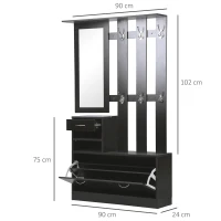 HOMCOM Ensembles 3 en 1 de meuble d'entrée vestiaire avec panneau porte-manteau, miroir et banc à chaussures - 6 crochets et étagère réglable, noir(m-3)