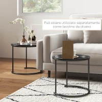 HOMCOM Set 2 Tavolini da Salotto Sovrapponibili Rotondi con Vassoio Rimovibile in Acciaio, Nero(m-6)
