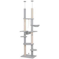 PawHut Árbol para Gatos de Suelo a Techo 225-255 cm con Hamacas Plataformas Juguete de Cuerda Bola de Juguete Gris(m-10)