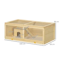 PawHut Jaula para Hámster de Madera con Techo Abatible Panel de Acrílico Bandeja Extraíble y Cabaña 100x58x38 cm Natural(m-3)