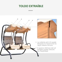 Outsunny Columpio de Jardín de 2 Plazas con Asientos Individuales Cojines Toldos Extraíbles y Mesas Laterales 170x136x170cm Beige(m-7)