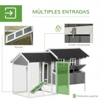 PawHut Gallinero de Madera Exterior Jaula para 2-3 Gallinas con Corral de Alambre Nido Techo Asfáltico Bandeja Extraíble 2 Perchas y Rampa 209,5x96x123 cm Gris Azulado(m-5)