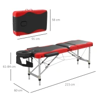 HOMCOM Foldable Massage Bed Portable Table, 3-Section Aluminium Foldable Beauty Couch, Professional Salon Spa Table with Headrest Support and Carry Bag, 60 cm Width, Black and Red(m-3)