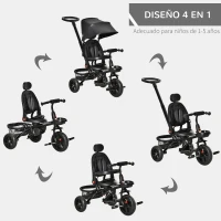 HOMCOM Triciclo Bebé 4 en 1 Bicicleta para Niños 1-5 Años con Asiento Giratorio Capota Ajustable Mango de Empuje Telescópico y Reposapiés Plegable Carga 25 kg 111,5x52x98 cm Negro(m-4)