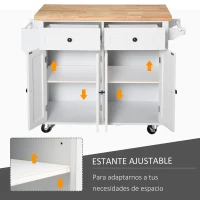 HOMCOM Isla de Cocina con Ruedas Mueble Auxiliar de Cocina con Especiero y Barra Lateral 111x44,5x82,5 cm Blanco(m-6)
