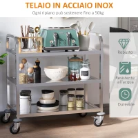 HOMCOM Carrello da Cucina 3 Ripiani Aperti 4 Ruote Omnidirezionali con 2 Freni Cuscinetti Anti-Collisione in Acciaio Inossidabile 430 Argento 90.5x50.5x88.2cm(m-7)