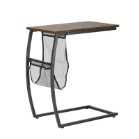 HOMCOM Mesa Auxiliar para Sofá y Cama Mesita Auxiliar Pequeña en Forma de C con Bolsillo de Almacenaje Estilo Industrial para Salón 53x35x64,5 cm Marrón Rústico(m-1)