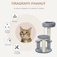 PawHut Albero Tiragraffi per Gatti a 3 Livelli con Piattaforme, Lettino e Pali in Sisal, Torre per Gatti con Rivestimento in Peluche, Ø40x65 cm, Grigio(m-4)