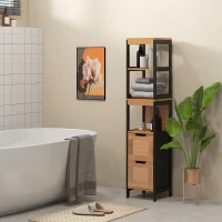 kleankin Armario Alto para Baño con 3 Estantes y 2 Cajones Estilo Moderno 30x30x144,3 cm Negro y Natural(m-8)