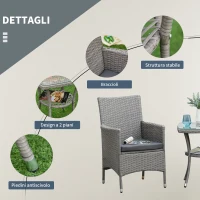 Outsunny Set Giardino Esterno 3 Pezzi in Rattan PE e Acciaio, Set 2 Sedie con Cuscini Lavabili, Braccioli, Tavolino da Caffè con Piano in Vetro, Salotto da Giardino Balcone Patio Cortile, Grigio(m-7)