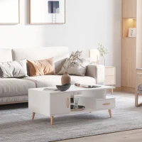 HOMCOM Table Basse rectangulaire Design scandinave 100L x 50l x 40H cm Niche + tiroir & Placard Bois Massif pin Panneaux Particules Blanc(m-2)