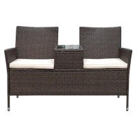 Outsunny Divano da Giardino a 2 Posti con Tavolino con Cuscini Poly Rattan 63 × 133 × 84cm Marrone(m-10)