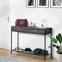 HOMCOM Console Table Worktop Bottom Shelf Home Two Drawer Industrial Minimal Style Grey Wood Tone Effect(m-4)