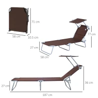 Outsunny 2 Pieces Outdoor Foldable Sun Lounger, 4 Level Adjustable Backrest Reclining Sun Lounger Chair with Angle Adjust Sun Shade Awning for Beach, Garden, Patio, Brown(m-3)