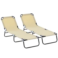 Outsunny 2 Piece Foldable Sun Loungers with 5-Position Adjustable Backrest, Outdoor Portable Recliner Chaise Lounge Chairs with Breathable Mesh Fabric, Beige(m-1)