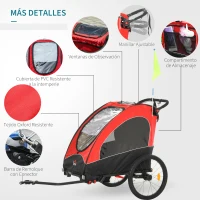 HOMCOM Remolque Infantil 3 en 1 para Bicicleta Carrito para Correr de 2 Plazas para Niños de +6 Meses Plegable Ruedas Giratorias y Manillar Ajustable 150x85x107 cm Rojo(m-5)