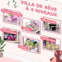 HOMCOM Maison de poupée en Bois Jeu d'imitation 4 Étages pour 3+ ans avec 13 Accessoires Grand réalisme Multi-équipement 60L x 30l x 80H cm Blanc et Rose(m-4)